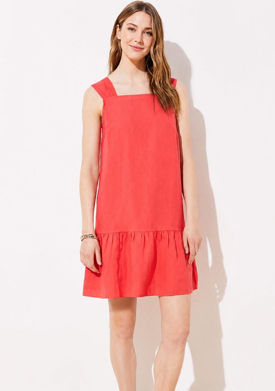 Loft Linen Blend Square Neck Flounce Dress Size Medium Coral Vacation Coastal